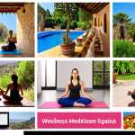 **

A vibrant collage showcasing various aspects of a wellness career in Spain. Include images representing:

*   Healthy Mediterranean food.
*   A yoga class in a sunny Spanish courtyard.
*   A person meditating peacefully in a natural setting.
*   A laptop displaying data analytics or a wellness app interface.
*   A professional giving an enthusiastic presentation to a group of people.

The overall tone should be positive, energetic, and representative of the Spanish lifestyle.

**