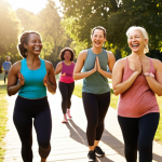 **

A vibrant, diverse group of people laughing and exercising together in a park. Some are doing yoga, others are hiking, and some are simply walking, with a wellness coach smiling and encouraging them. The scene is bathed in warm sunlight, conveying a sense of community and healthy lifestyle. Focus on portraying natural, joyful movement and connection.

**