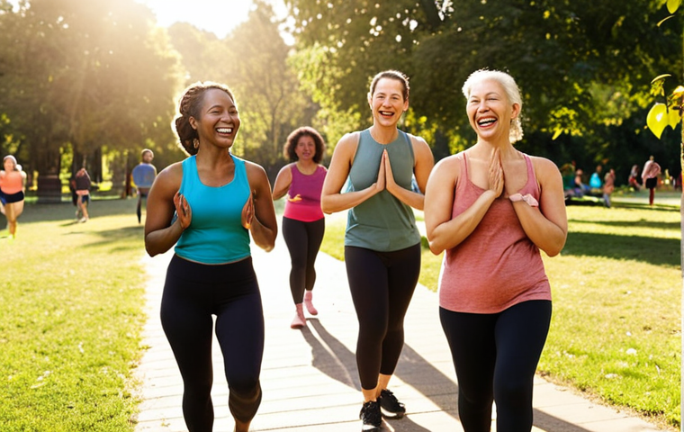 **
A vibrant, diverse group of people laughing and exercising together in a park. Some are doing yoga, others are hiking, and some are simply walking, with a wellness coach smiling and encouraging them. The scene is bathed in warm sunlight, conveying a sense of community and healthy lifestyle. Focus on portraying natural, joyful movement and connection.
**