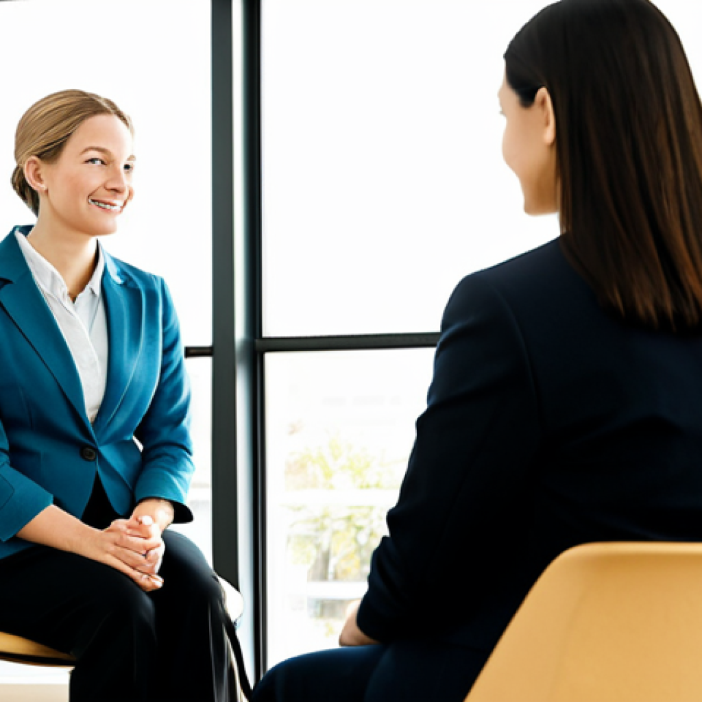 A compassionate female wellness coordinator in a modest business blazer and slacks, seated opposite a client in a bright, inviting consultation room. Natural light illuminates the calm atmosphere, featuring comfortable chairs and a subtle plant in the background. The coordinator leans slightly forward, exhibiting a gentle, understanding expression, demonstrating deep empathy and active listening. The client is shown from the back or partially obscured to emphasize the coordinator's focus. This image embodies trust and human connection. Professional photography, high-resolution, soft lighting, sharp focus, perfect anatomy, correct proportions, natural pose, well-formed hands, proper finger count, natural body proportions, fully clothed, safe for work, appropriate content, professional.