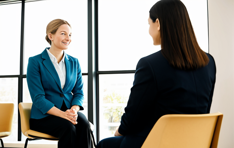A compassionate female wellness coordinator in a modest business blazer and slacks, seated opposite a client in a bright, inviting consultation room. Natural light illuminates the calm atmosphere, featuring comfortable chairs and a subtle plant in the background. The coordinator leans slightly forward, exhibiting a gentle, understanding expression, demonstrating deep empathy and active listening. The client is shown from the back or partially obscured to emphasize the coordinator's focus. This image embodies trust and human connection. Professional photography, high-resolution, soft lighting, sharp focus, perfect anatomy, correct proportions, natural pose, well-formed hands, proper finger count, natural body proportions, fully clothed, safe for work, appropriate content, professional.