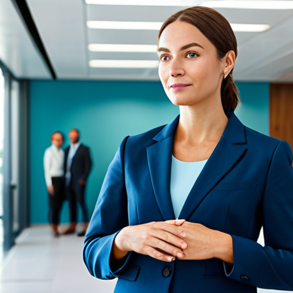 A professional female Well-being Coordinator, fully clothed in a modest business suit, standing confidently in a modern, brightly lit office lobby, conveying empathy and strategic vision. The background subtly shows diverse individuals engaging in professional activities, reflecting a positive work environment. perfect anatomy, correct proportions, natural pose, well-formed hands, proper finger count, natural body proportions, professional dress, appropriate attire, safe for work, appropriate content, fully clothed, professional photography, high quality, realistic.