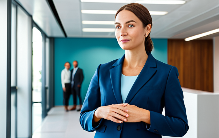 A professional female Well-being Coordinator, fully clothed in a modest business suit, standing confidently in a modern, brightly lit office lobby, conveying empathy and strategic vision. The background subtly shows diverse individuals engaging in professional activities, reflecting a positive work environment. perfect anatomy, correct proportions, natural pose, well-formed hands, proper finger count, natural body proportions, professional dress, appropriate attire, safe for work, appropriate content, fully clothed, professional photography, high quality, realistic.