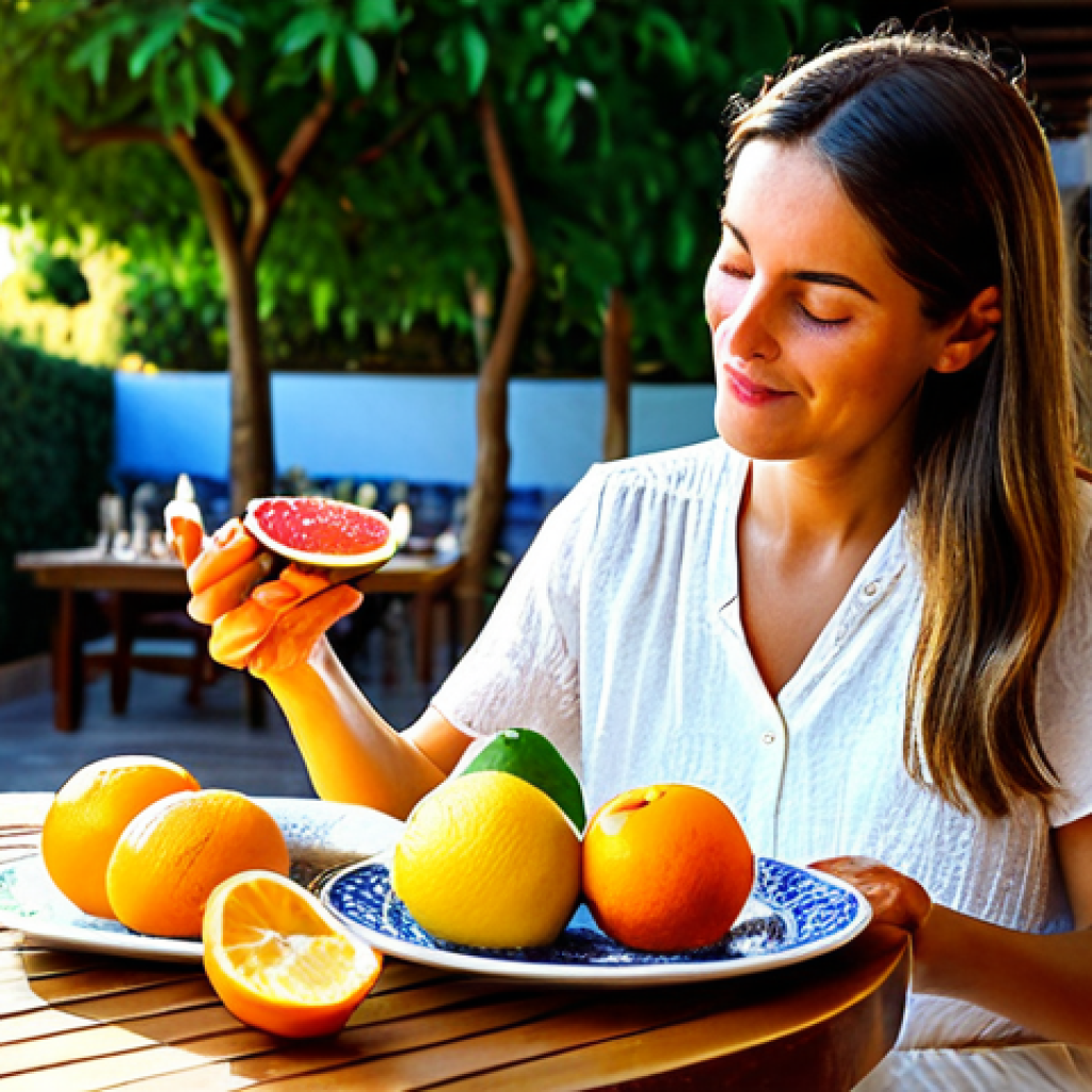 웰빙코디네이터와 건강 리포트 작성법 - **
A woman practicing mindful eating at a sun-drenched patio table in Seville, Spain, fully clothed...