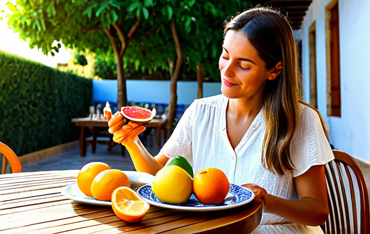 웰빙코디네이터와 건강 리포트 작성법 - **
A woman practicing mindful eating at a sun-drenched patio table in Seville, Spain, fully clothed...