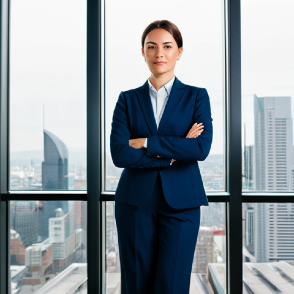 웰빙코디네이터와 심리 상담 - **Prompt:** A professional woman, fully clothed in a modest business suit, stands confidently in a m...