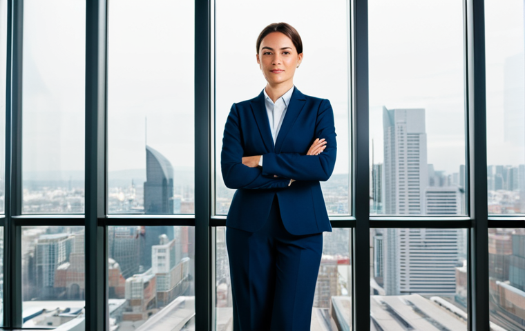 웰빙코디네이터와 심리 상담 - **Prompt:** A professional woman, fully clothed in a modest business suit, stands confidently in a m...