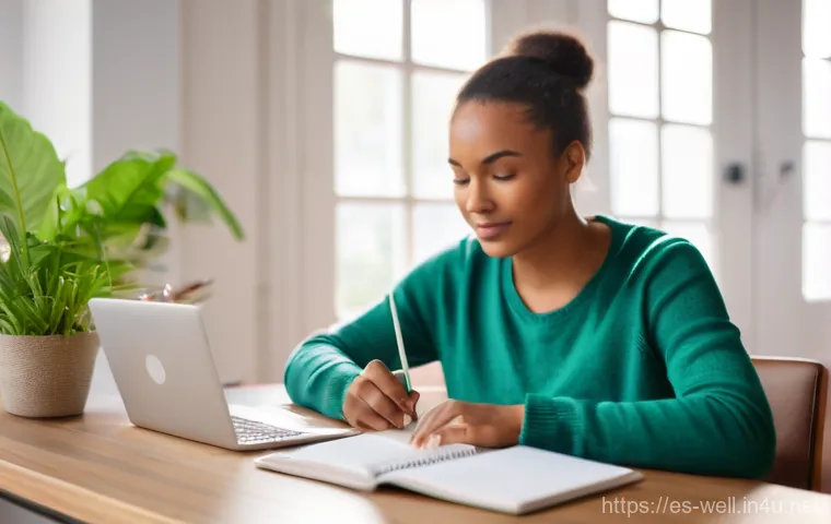 웰빙코디네이터 자격증 단기 합격법 - A young, diverse professional person, perhaps in their late 20s or early 30s, is intensely focused o...